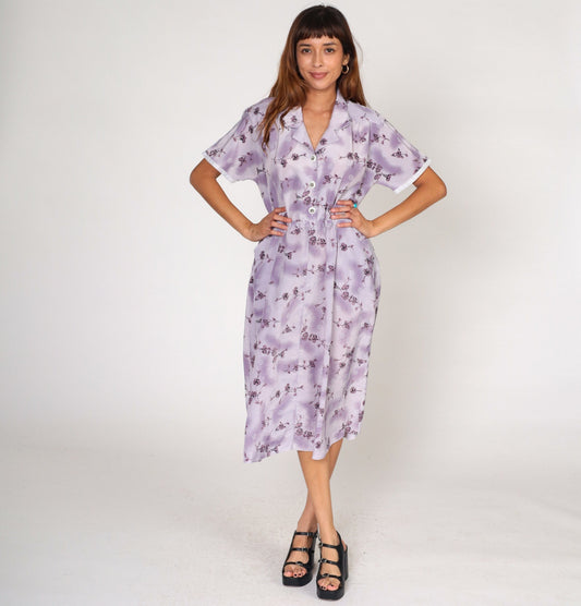 80s Purple Floral Midi Shirtdress High Waist Button Front Short Sleeve Medium Large