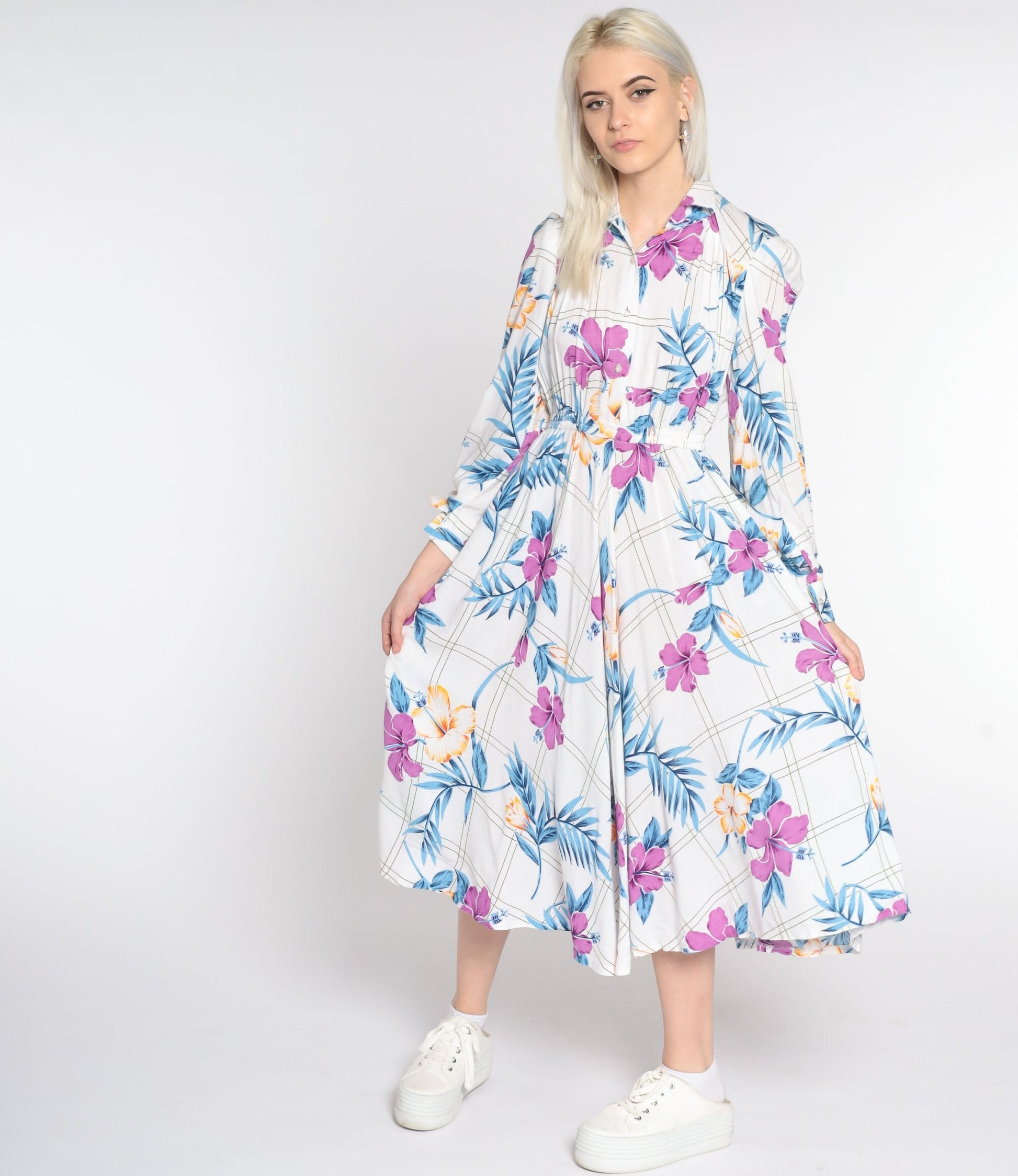 80s White Floral Midi Shirtdress High Waist Long Sleeve Button Up Small Medium