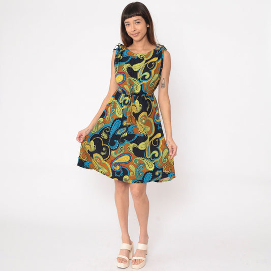 Y2K Paisley Sundress Drawstring Waist Sleeveless Shoulder Tie Black Yellow Medium
