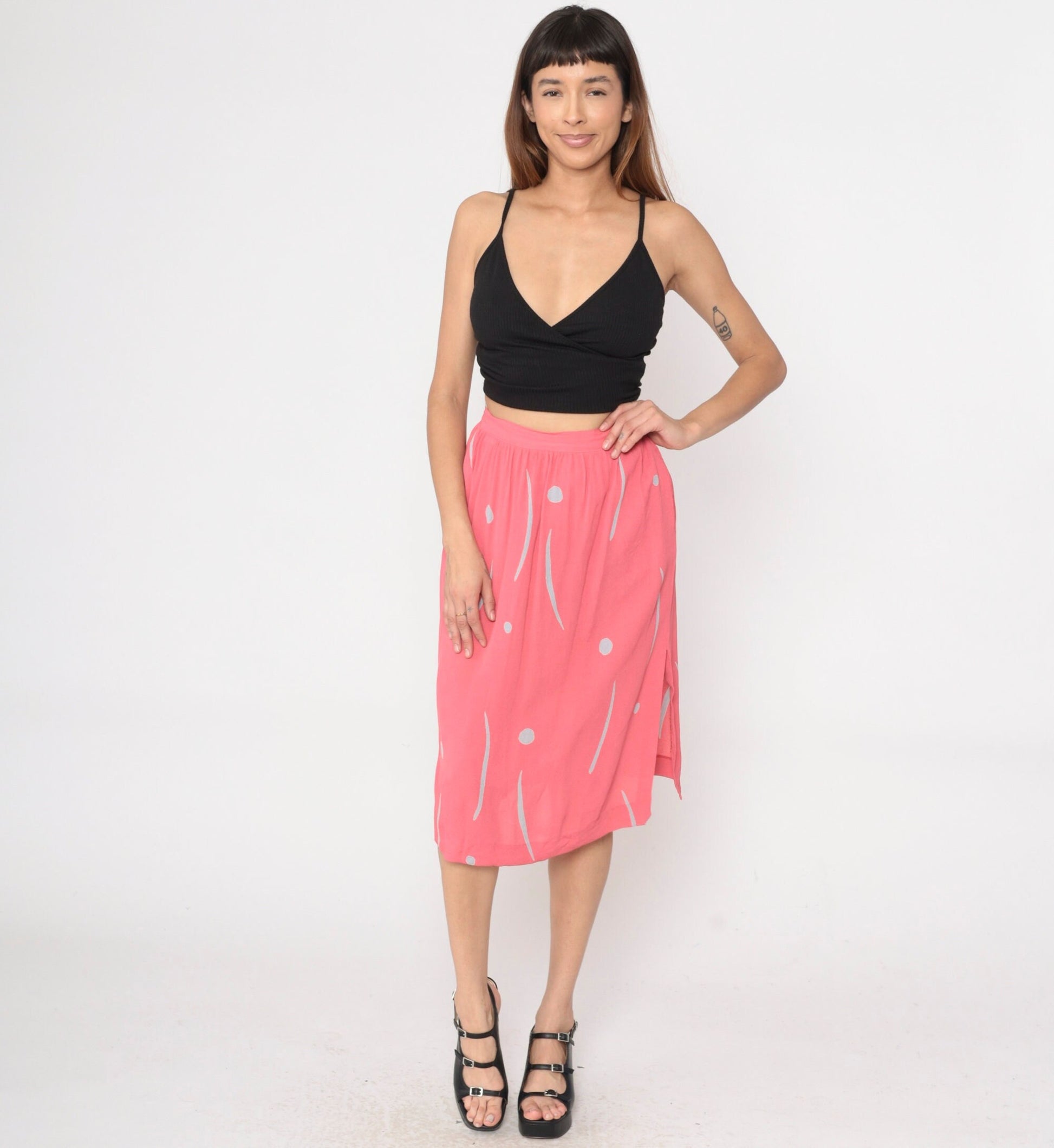 80s Uri Bloch Prive Pink Dot Line Print Midi Skirt High Waist Pockets Extra Small
