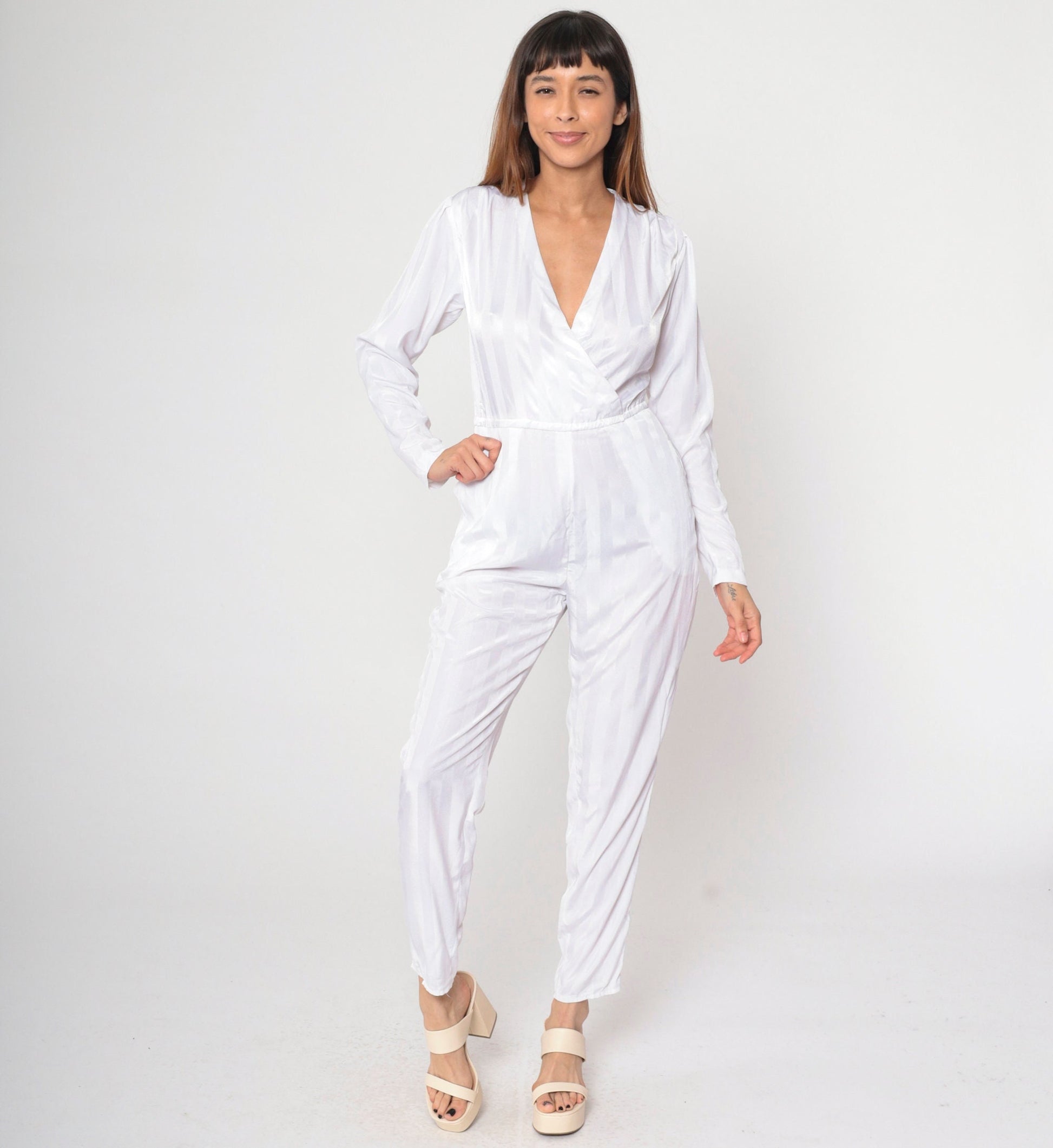 80s White Striped Puff Sleeve Jumpsuit V Neck Tapered Pantsuit Small S