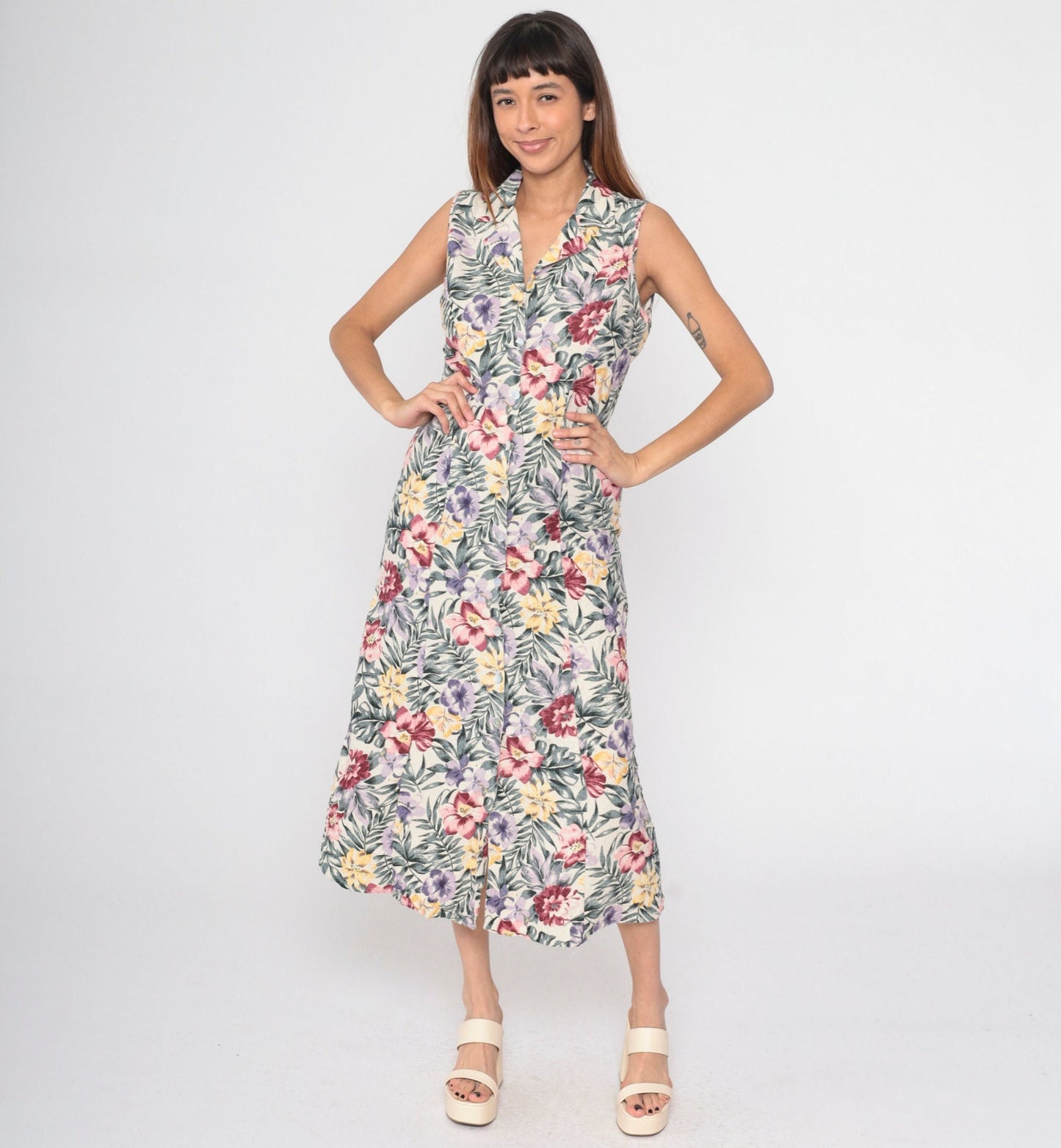 90s O'Kief Silk Floral Midi Dress Tropical Print Off-White Sleeveless Medium