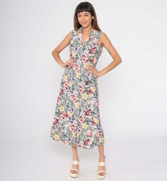 90s O'Kief Silk Floral Midi Dress Tropical Print Off-White Sleeveless Medium