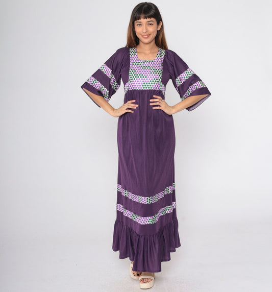 70s Deep Purple Polka Dot Maxi Dress Wide Sleeve Empire Waist Small