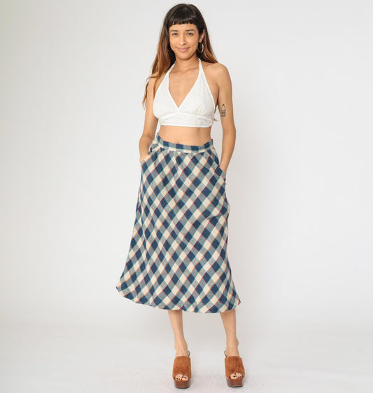 80s Blue Cream Checkered Skirt High Waist Knee Length Medium