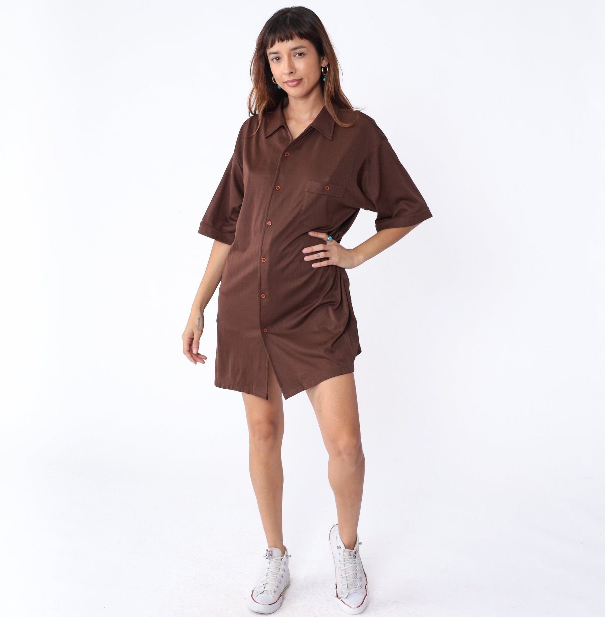 70s Bert's Big & Tall Brown Button-Up Shirt Short Sleeve Collared Men's XL Tall