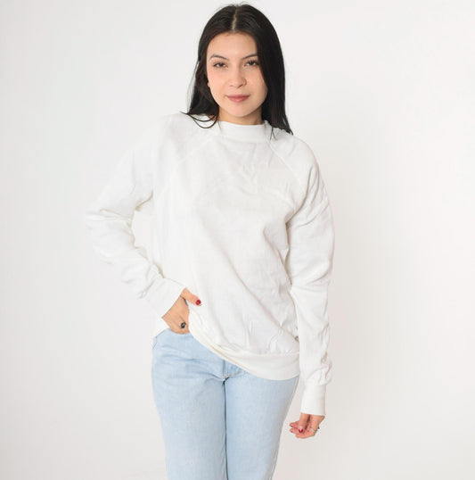 80s Plain White Raglan Sweatshirt Crewneck Pullover Medium