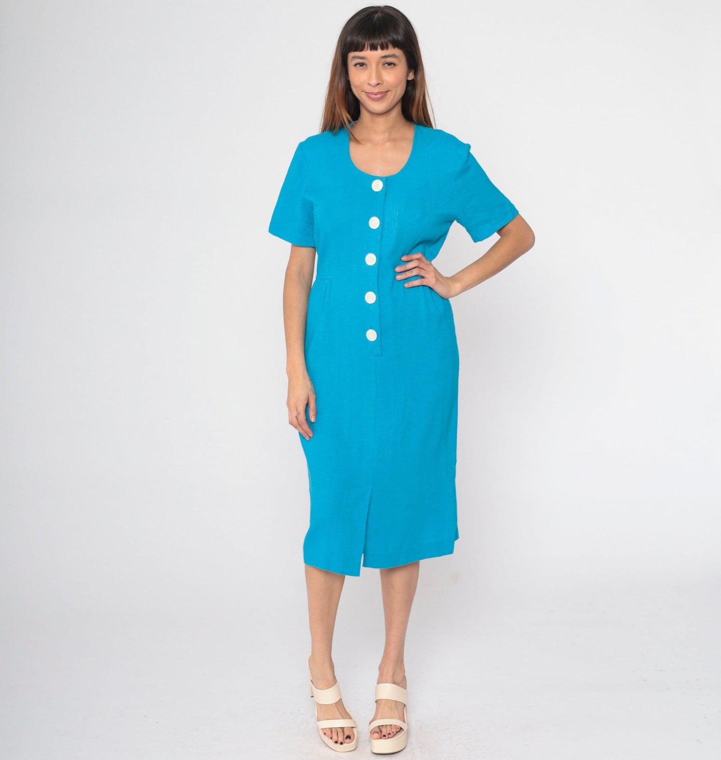 80s Bright Blue Button-Up Midi Sheath Dress Short Sleeve Pencil Skirt Medium 8
