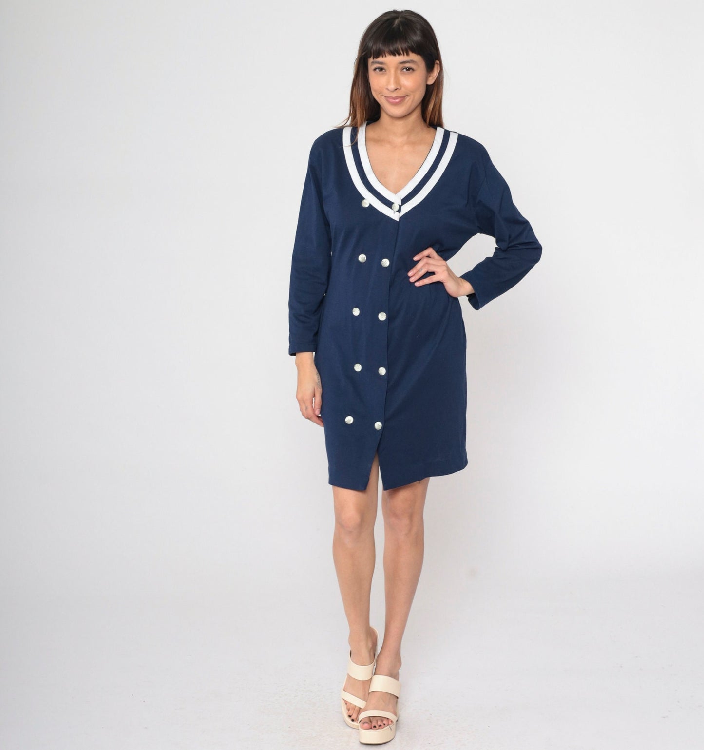 90s Navy Double Breasted Shirtdress White Striped Mini Long Sleeve Medium