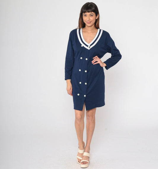 90s Navy Double Breasted Shirtdress White Striped Mini Long Sleeve Medium