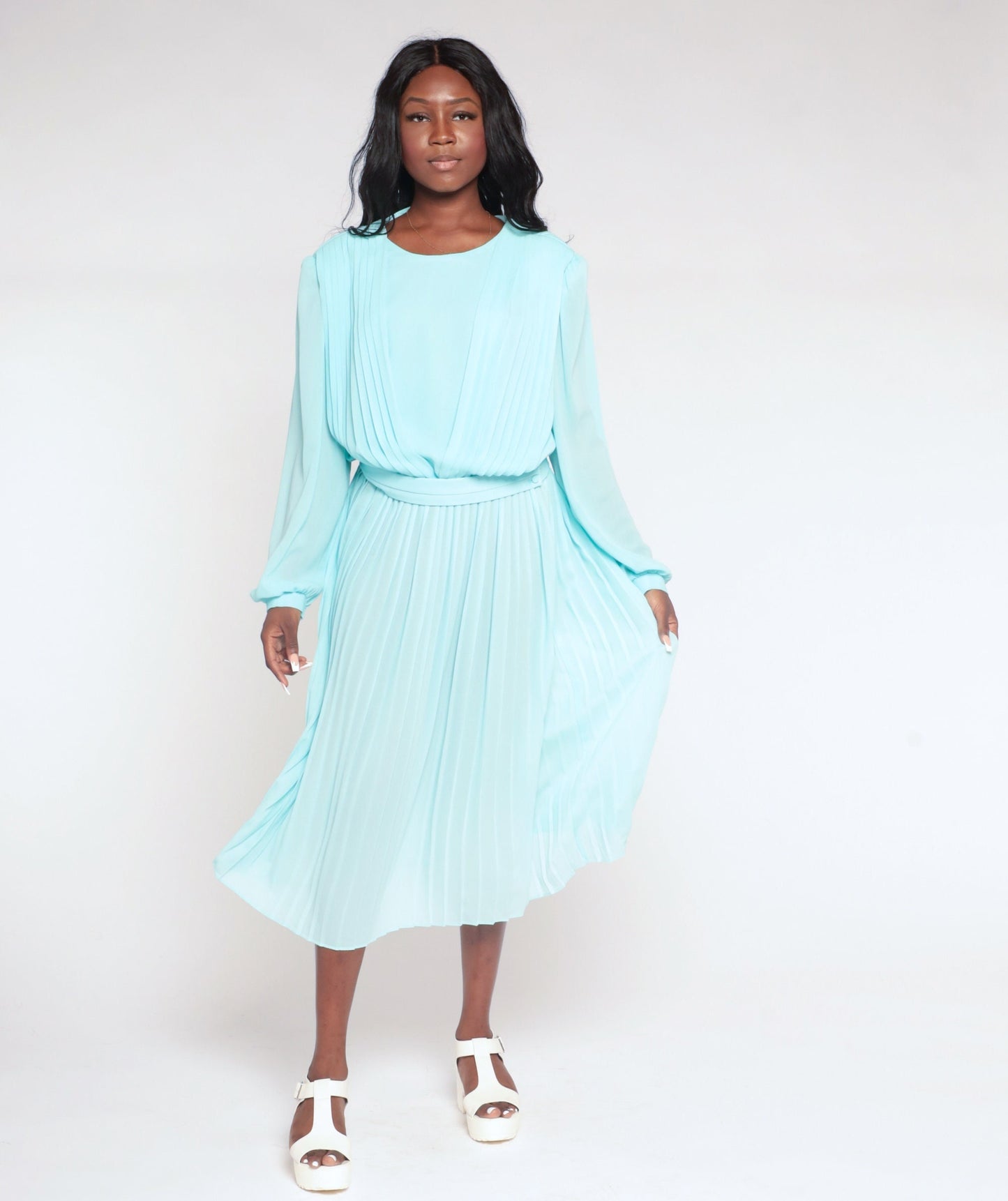 80s Blue Pleated Midi Dress Long Sleeve Keyhole Back Semi Sheer Medium Large