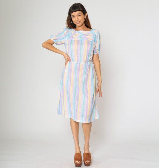 80s Pastel Striped Midi Dress Puff Sleeve Elastic Waist Small Medium