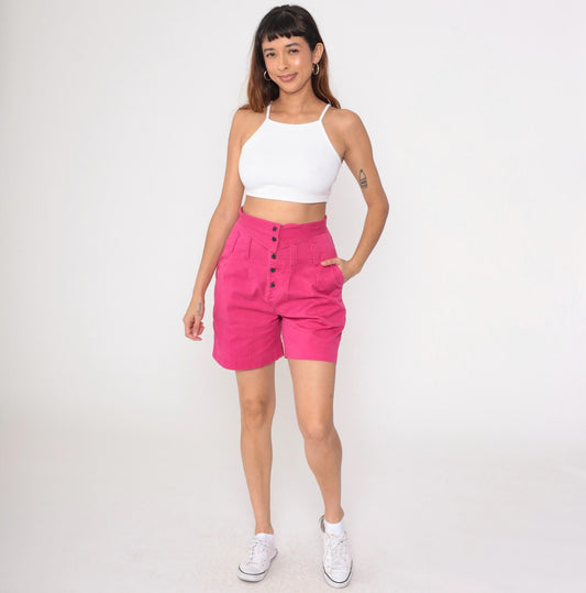 90s Palmettos Hot Pink Denim Shorts High Waisted Pleated Jean Shorts Medium 9