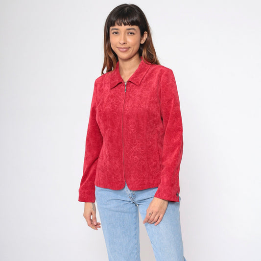 90s Red Corduroy Jacket Baroque Scroll Zip-Up Medium