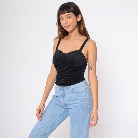 90s Black Velvet Stretch Tank Top Bustier Sleeveless Blouse Extra Small