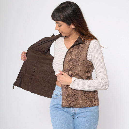 90s Leopard & Brown Reversible Quilted Vest Zip-Up Small