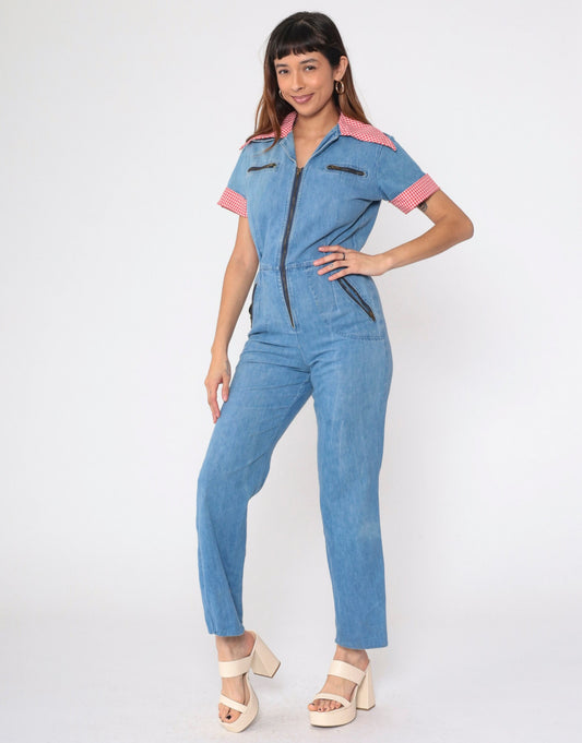 70s Blue Denim Jumpsuit Red Gingham Collar Short Sleeve Straight Leg Small
