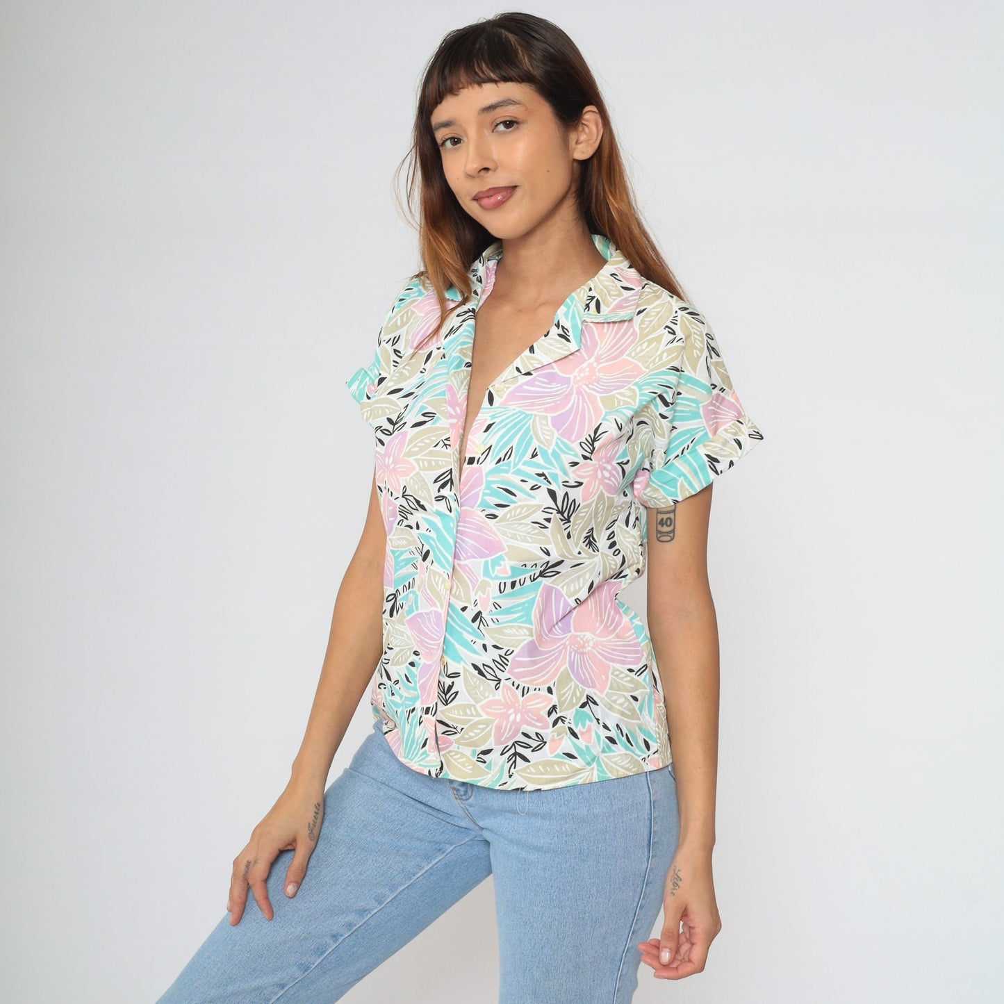 80s Giovelli Tropical Floral Button-Up Blouse Pastel Turquoise Pink Cap Sleeve Small