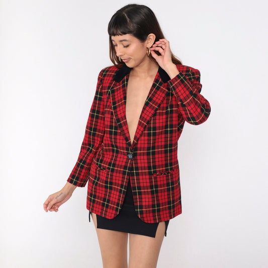 90s Red Plaid Wool Blazer Black Velvet Collar Button-Up Jacket Medium Petite