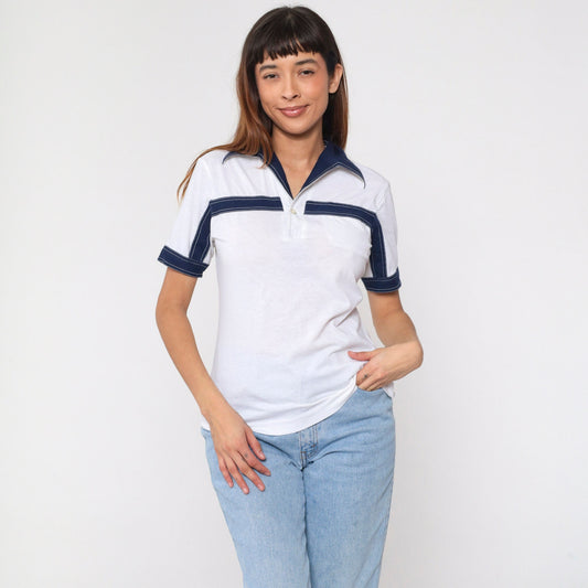 70s Striped Polo Shirt White Navy Blue Dagger Collar Short Sleeve Small