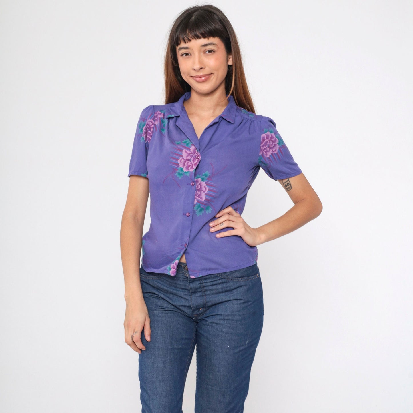 80s Purple Floral Puff Sleeve Button-Up Blouse Collared Shirt Small