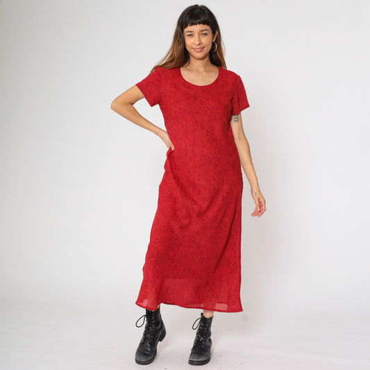 90s Jessica Howard Red Floral Maxi Dress Shift Scoop Neck Short Sleeve Large