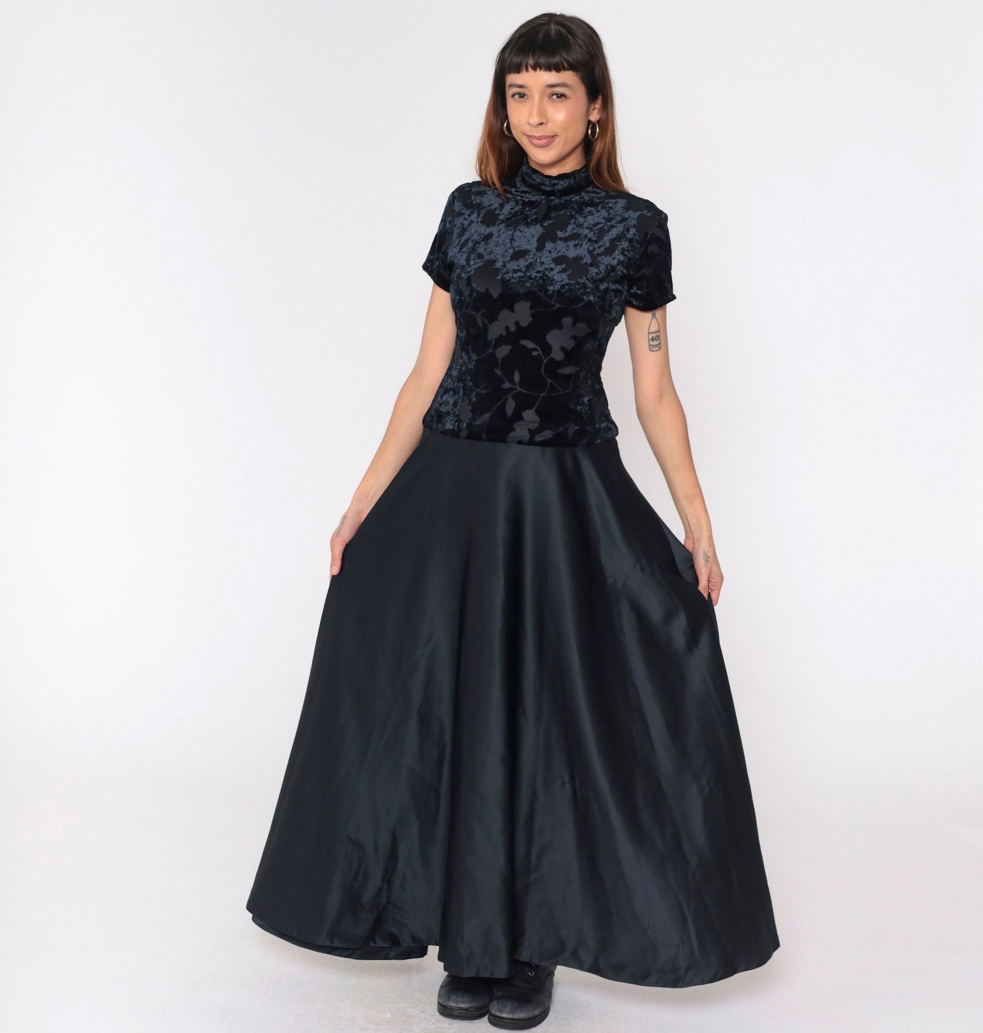 90s Black Velvet Burnout Maxi Dress Leaf Print Mock Neck Drop Waist Small 6