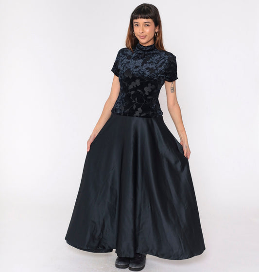 90s Black Velvet Burnout Maxi Dress Leaf Print Mock Neck Drop Waist Small 6