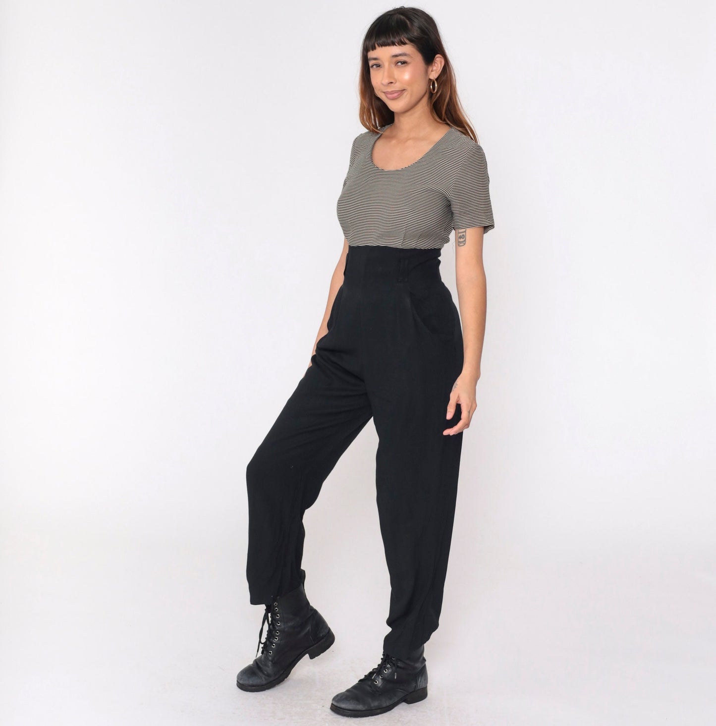 90s Black Pinstripe Jumpsuit Scoop Neck Tapered Pants Pockets Medium 8