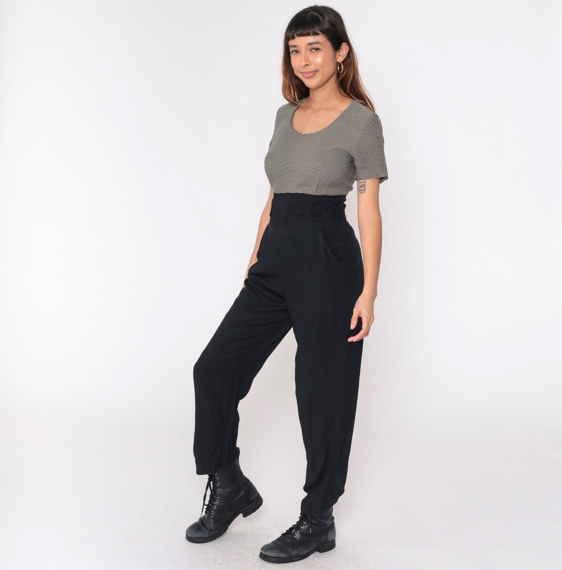 90s Black Pinstripe Jumpsuit Scoop Neck Tapered Pants Pockets Medium 8