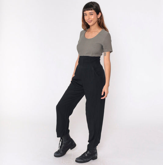 90s Black Pinstripe Jumpsuit Scoop Neck Tapered Pants Pockets Medium 8