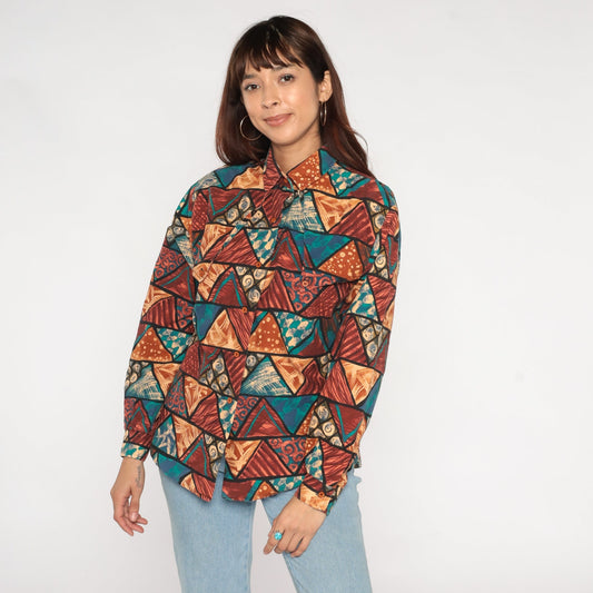 90s Roper Triangle Print Western Button Up Shirt Cotton Large