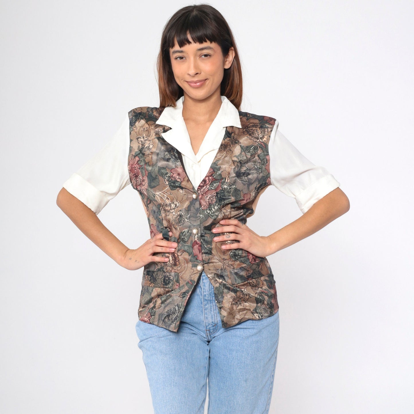 90s Victoria Ashley Floral Vest Blouse White Button Up Short Sleeve Small