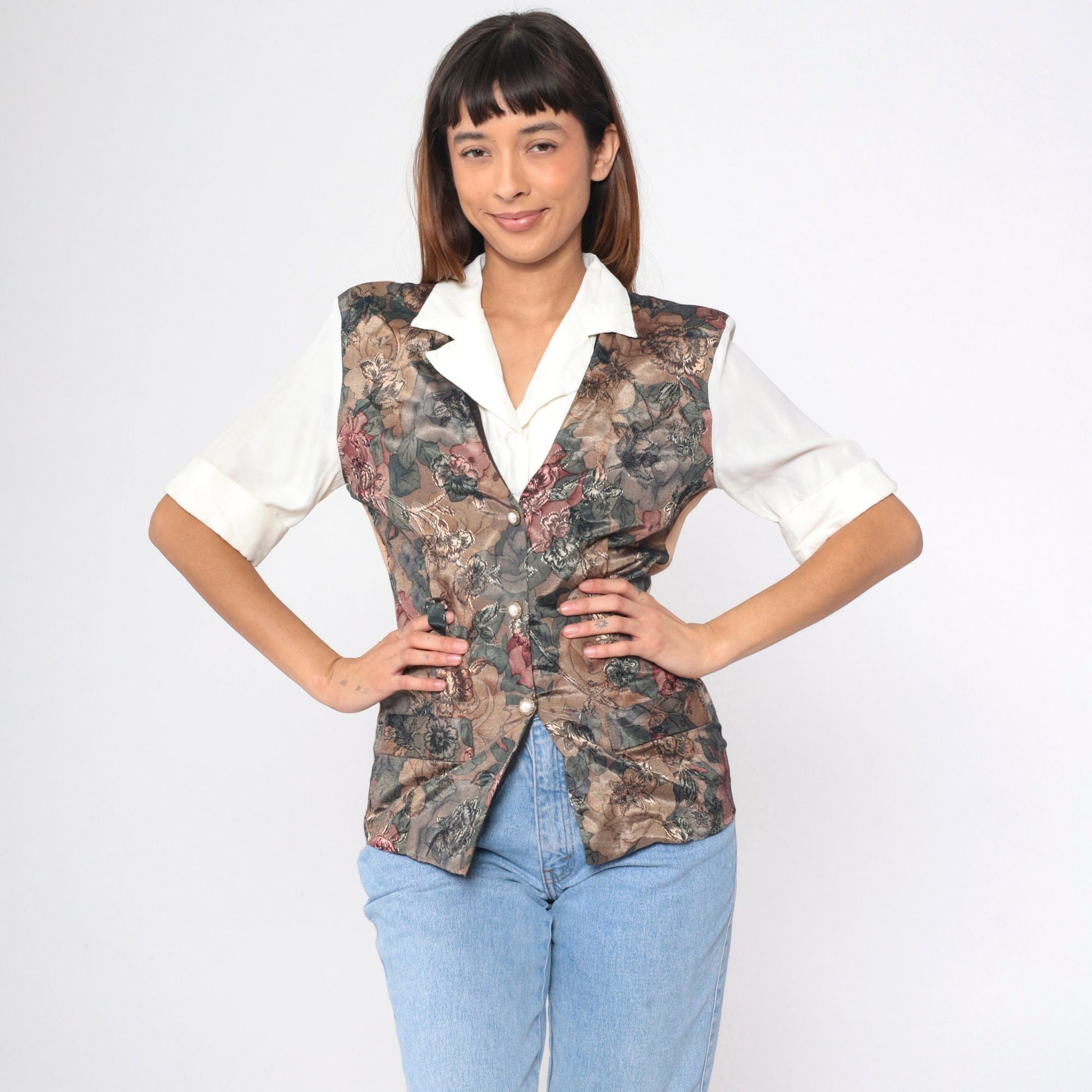 90s Victoria Ashley Floral Vest Blouse White Button Up Short Sleeve Small