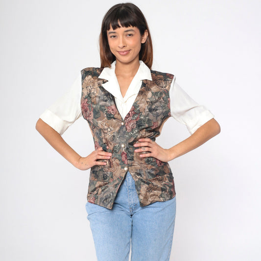 90s Victoria Ashley Floral Vest Blouse White Button Up Short Sleeve Small