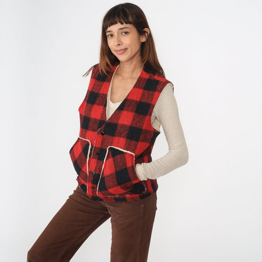80s Buffalo Plaid Wool Vest Sherpa Lined Snap Button Red Lumberjack Large