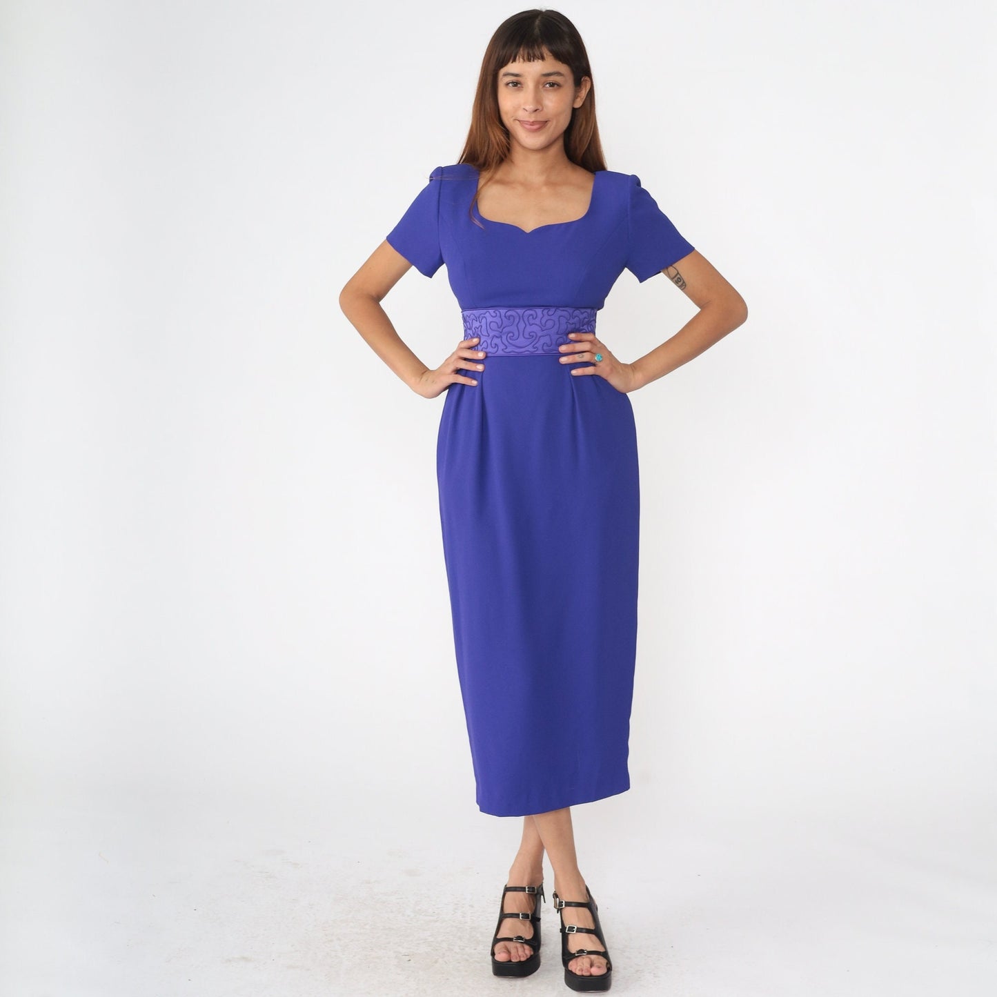 90s Donna Morgan Purple Soutache Midi Sheath Dress Pleated Pencil Small 4