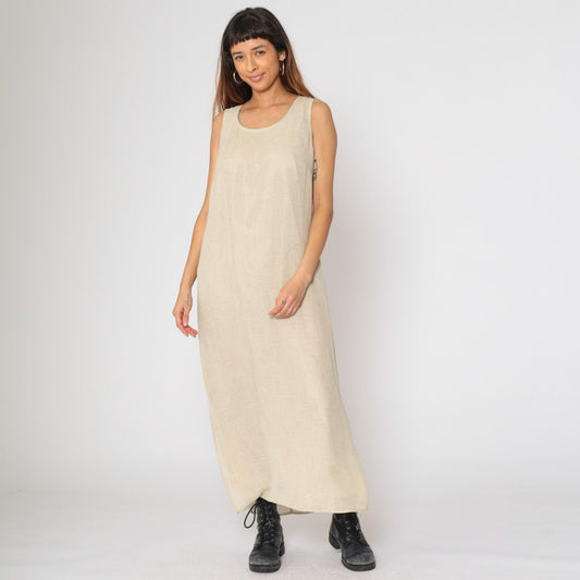 90s Dressbarn Beige Maxi Dress Sleeveless Scoop Neck Side Slit Large