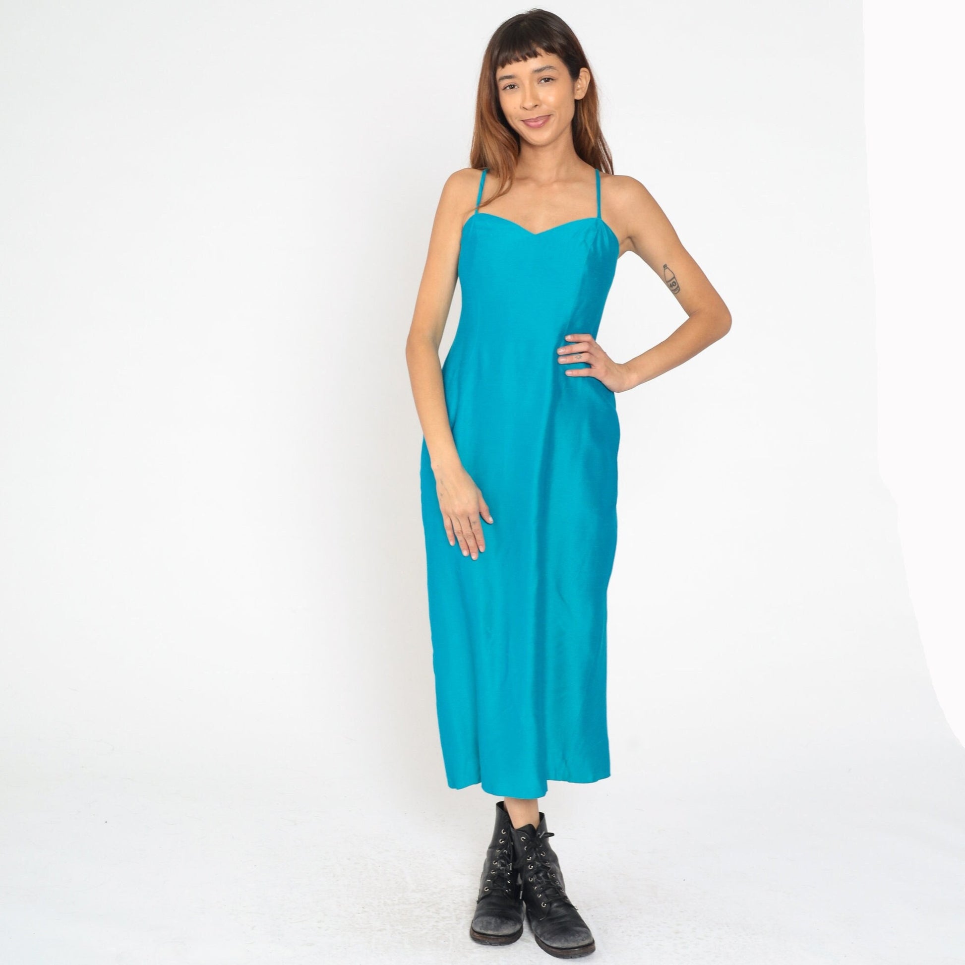 60s House of Bianchi Blue Maxi Dress Sweetheart Neckline Spaghetti Strap Small