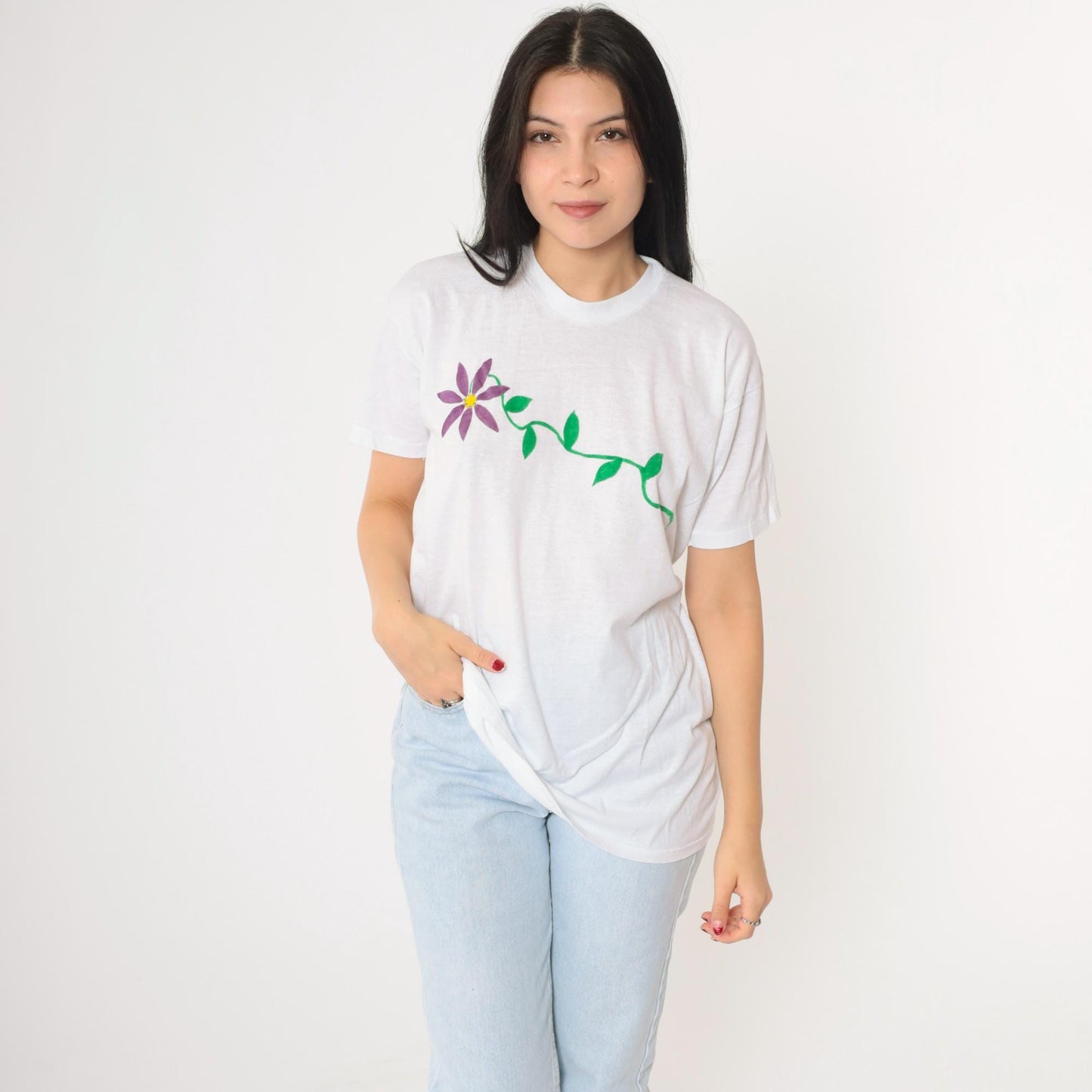 90s Hand Painted Floral T Shirt Silver Sparkle White Purple Crewneck Medium Large