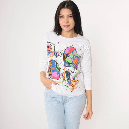90s Heart Paint Splatter Long Sleeve Graphic Tee White Small