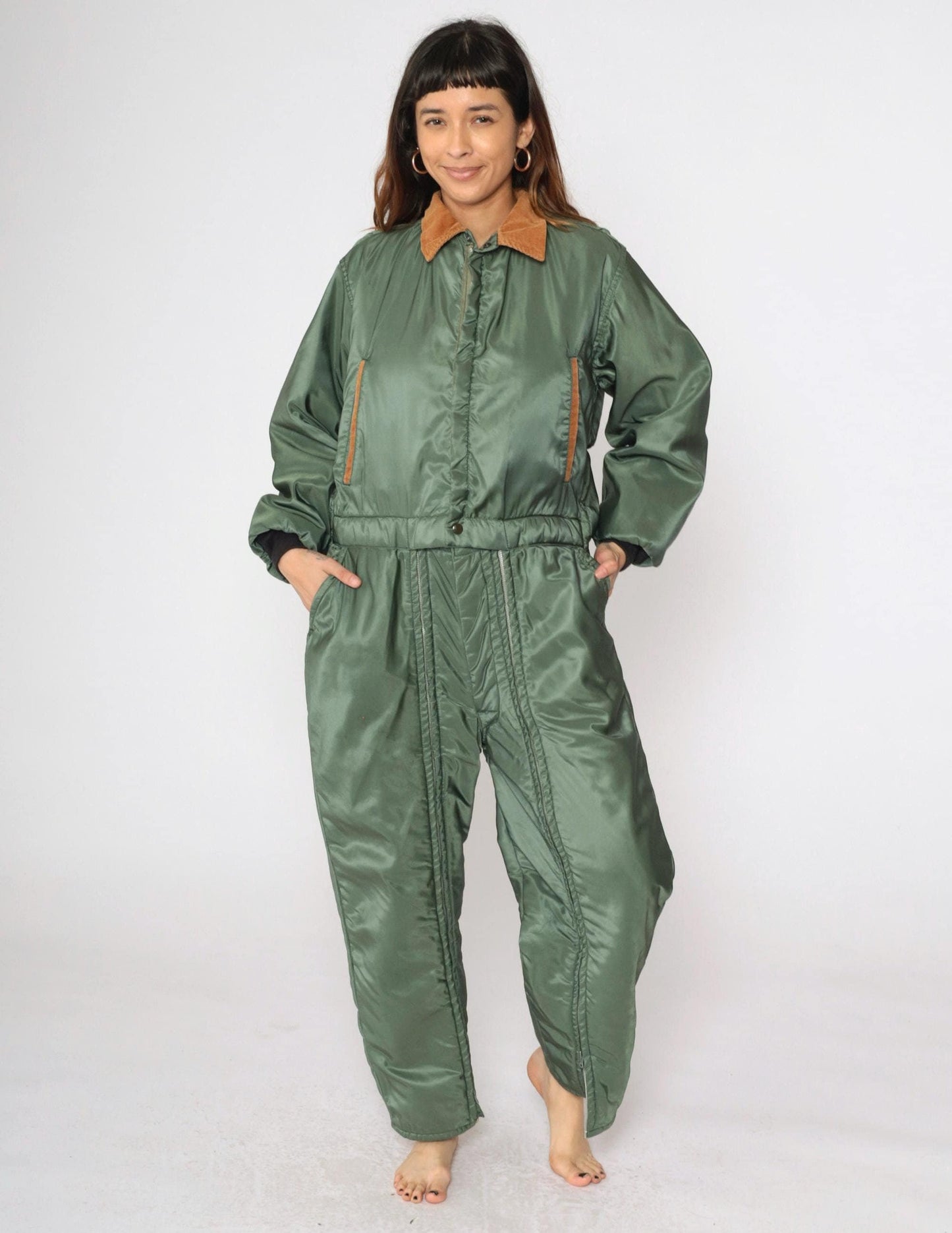80s Green Nylon Ski Suit Brown Corduroy Collar Quilted Snowsuit Medium