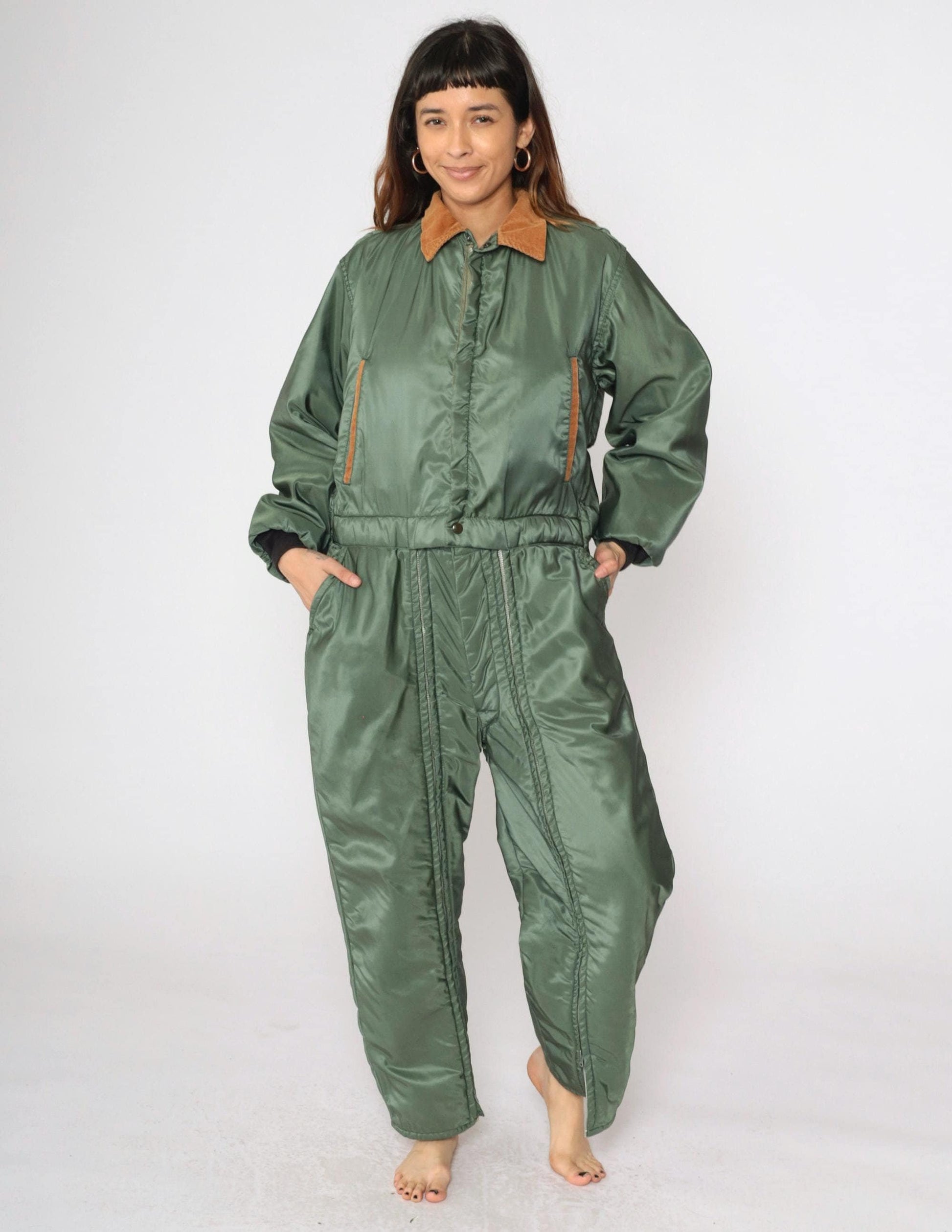80s Green Nylon Ski Suit Brown Corduroy Collar Quilted Snowsuit Medium