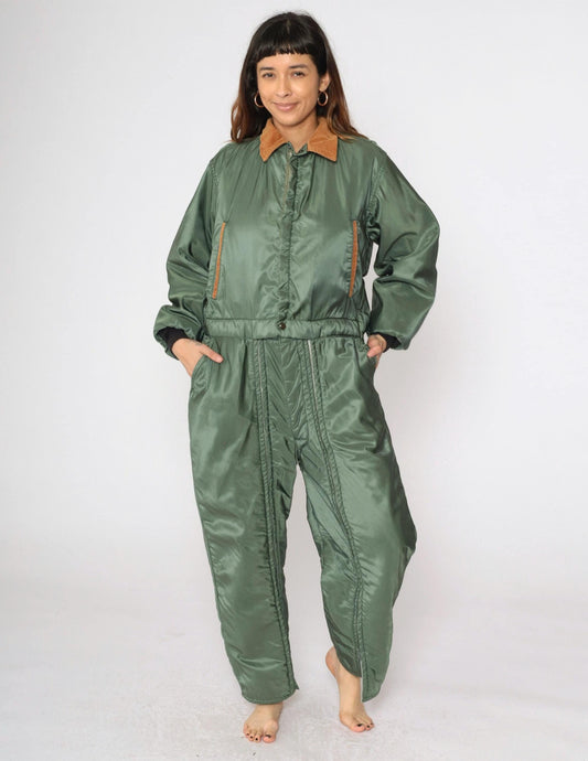 80s Green Nylon Ski Suit Brown Corduroy Collar Quilted Snowsuit Medium