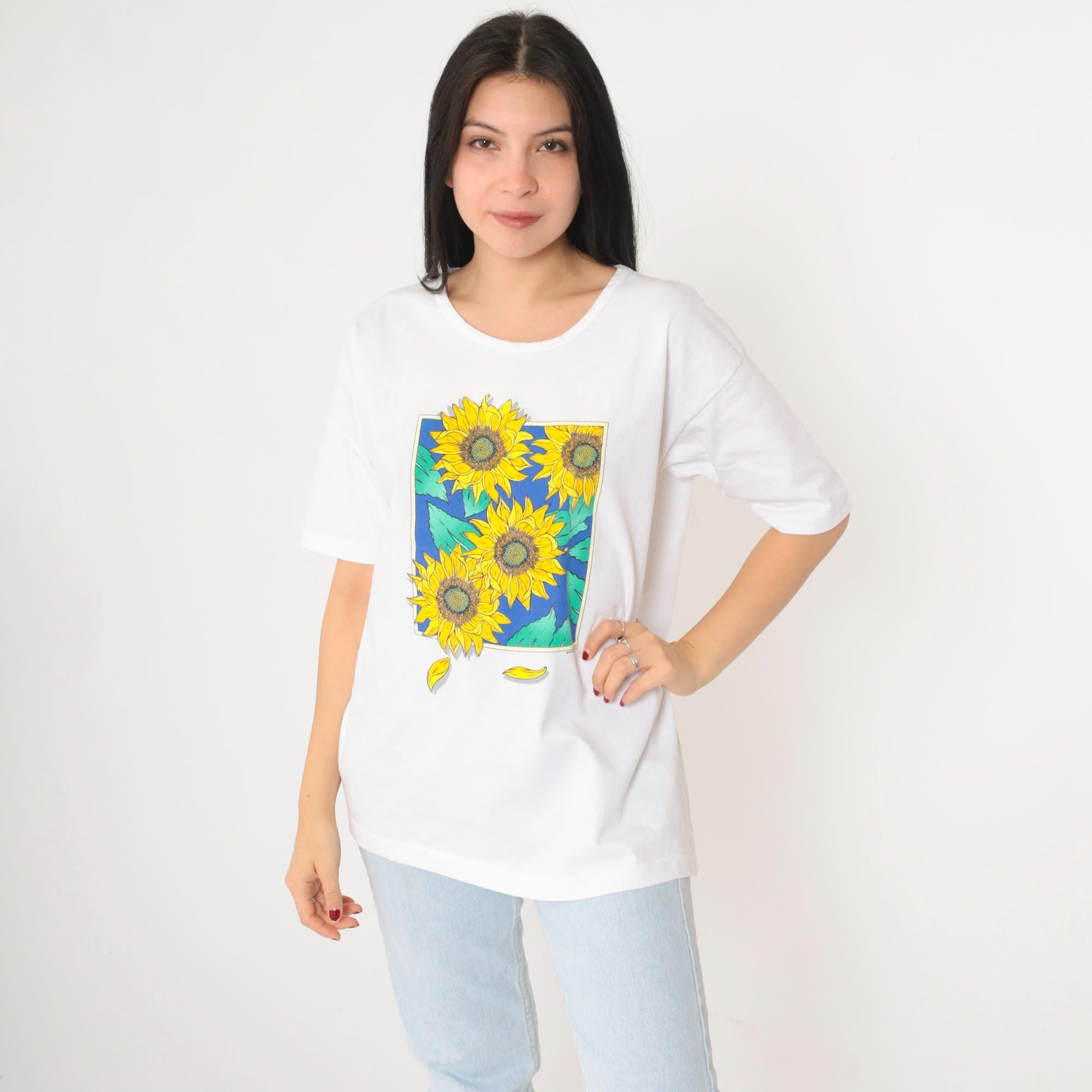 90s Anvil Sunflower Graphic T-Shirt White Cotton Large