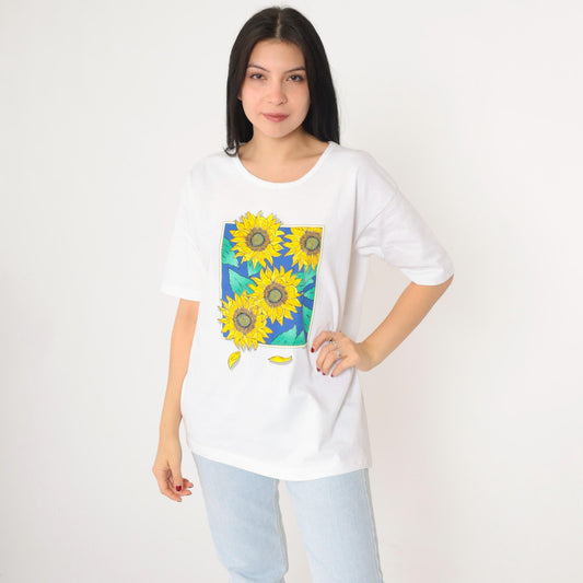 90s Anvil Sunflower Graphic T-Shirt White Cotton Large