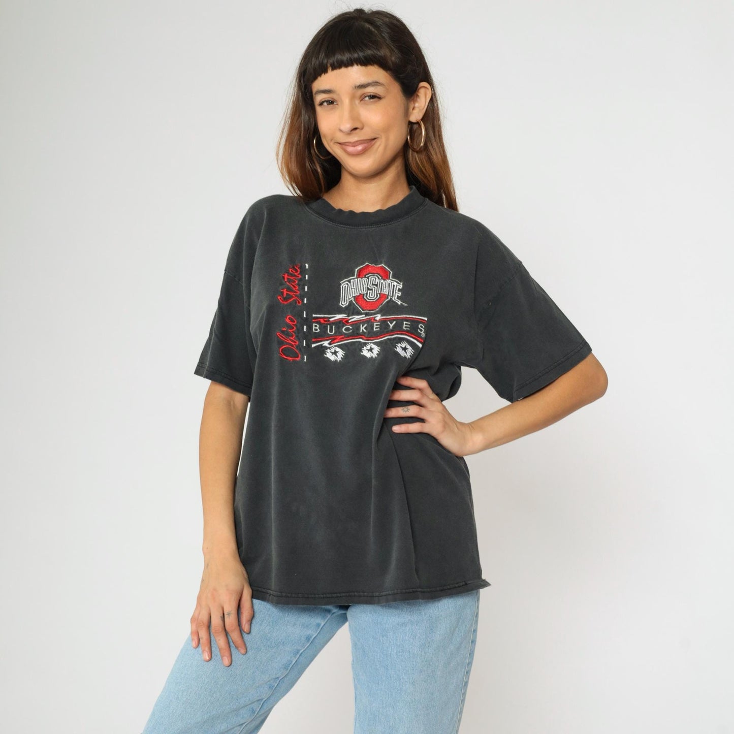 90s Ohio State Buckeyes Embroidered T-Shirt Faded Black Cotton Extra Large XL