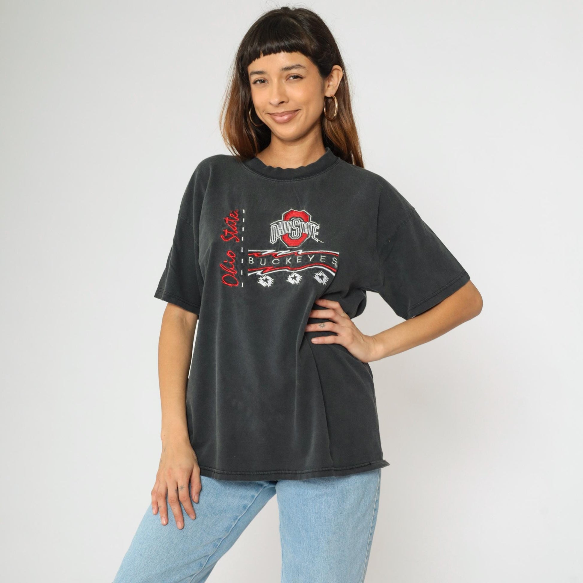 90s Ohio State Buckeyes Embroidered T-Shirt Faded Black Cotton Extra Large XL