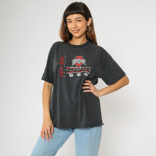 90s Ohio State Buckeyes Embroidered T-Shirt Faded Black Cotton Extra Large XL
