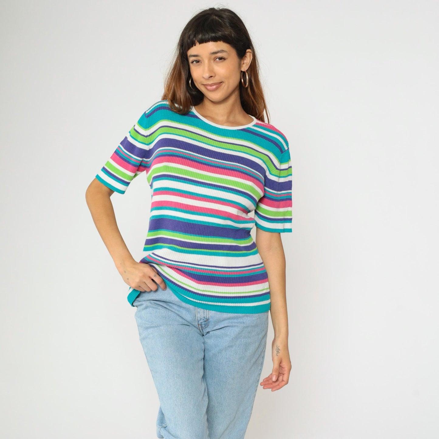 90s Worthington Striped Ribbed Knit Top Short Sleeve Pink Purple Blue Large L
